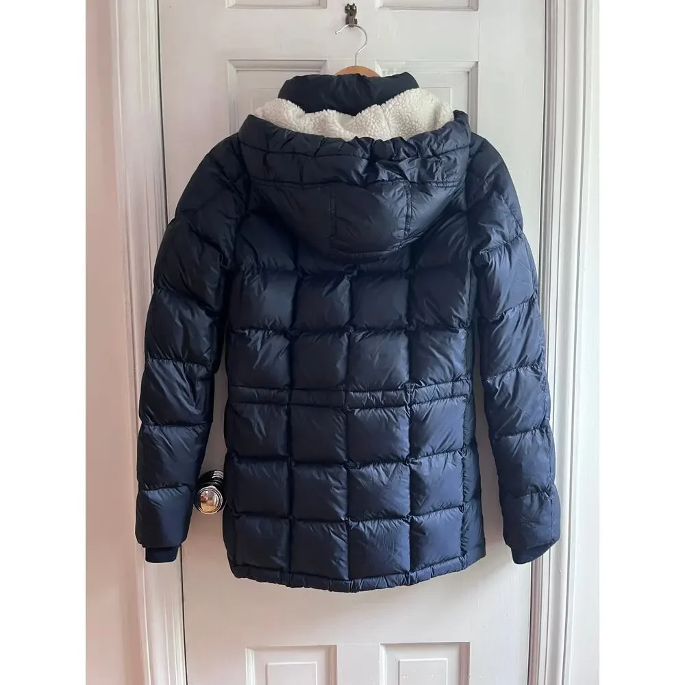Abercrombie Sherpa Hood Down Puffer Coat Navy Blue Parka Jacket Small S 18x29